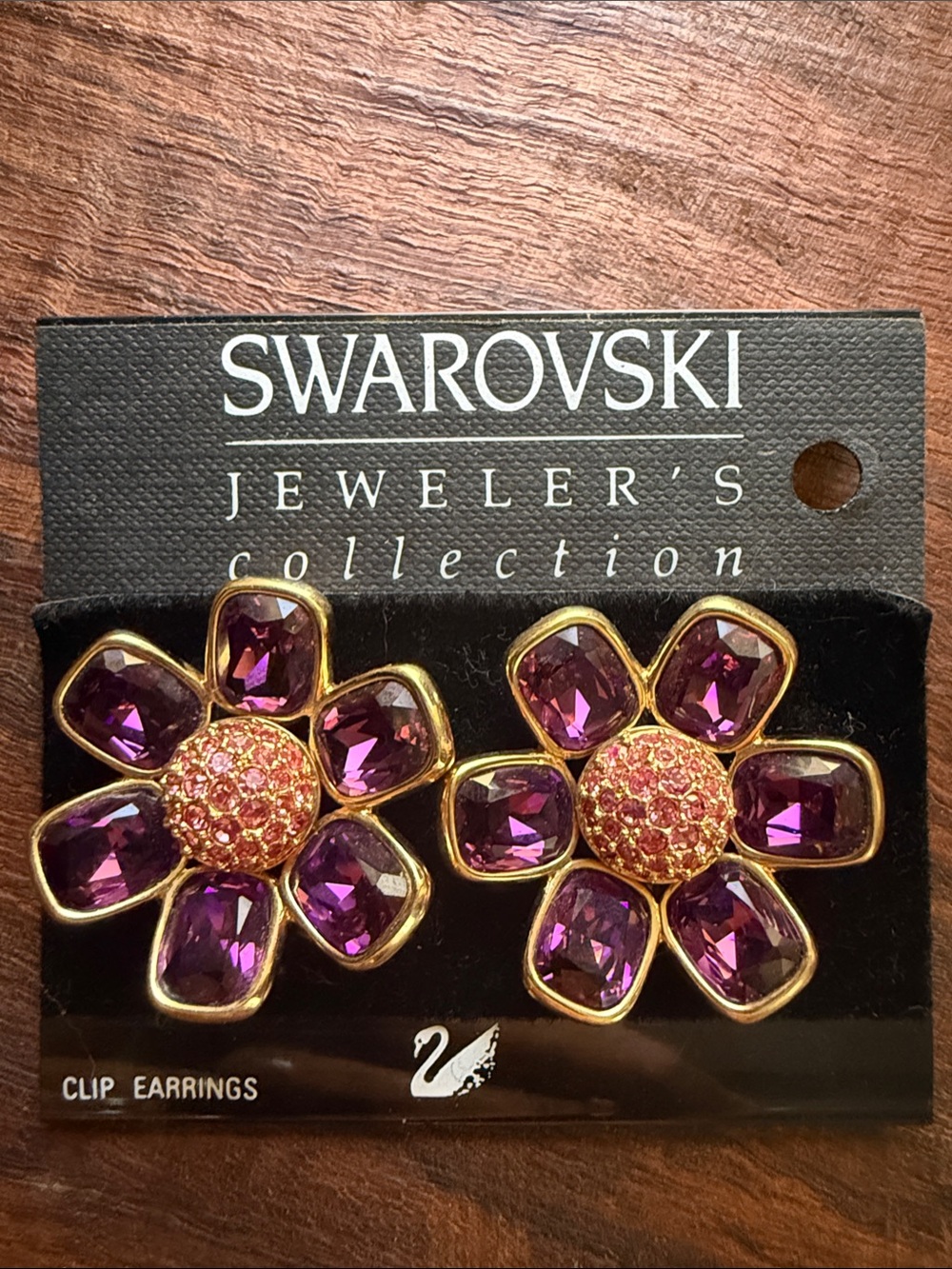 Swarovski Gold-Tone Purple and Pink Floral Clip Earrings